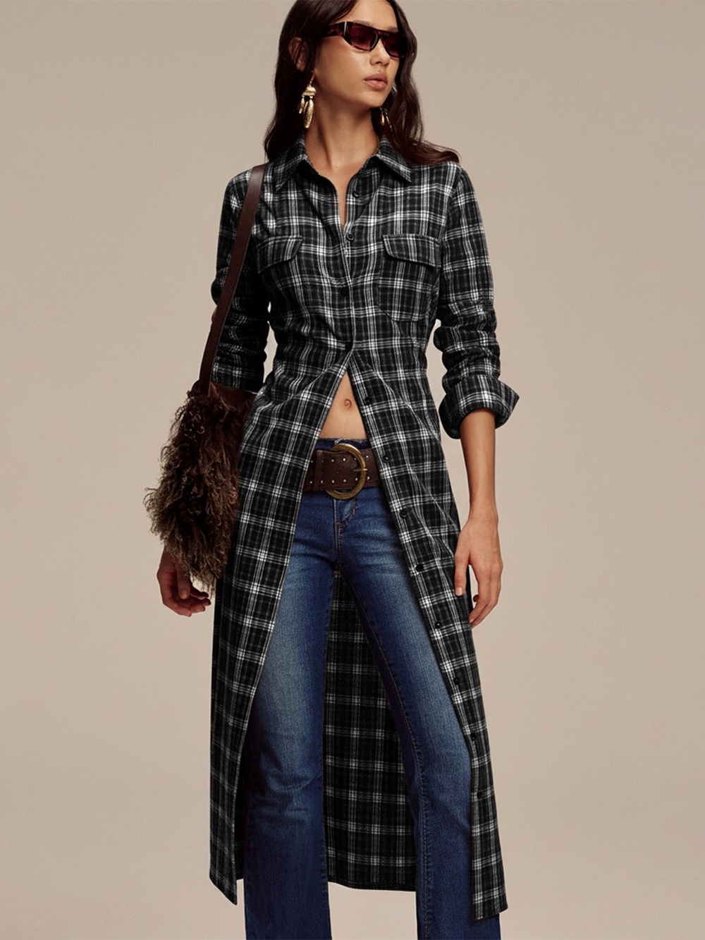 Commense Black Plaid Long Shirt Dress / Duster L NWT